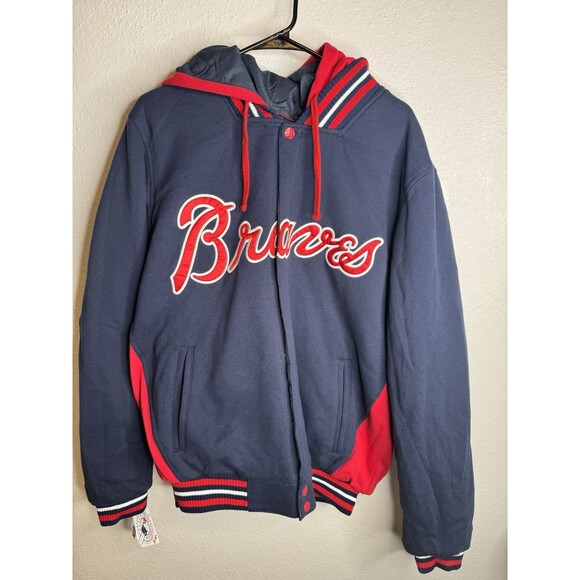 Atlanta Braves Varsity Hooded  Bomber Jacket XL Navy Red MLB Genuine NWT - Picture 2 of 14
